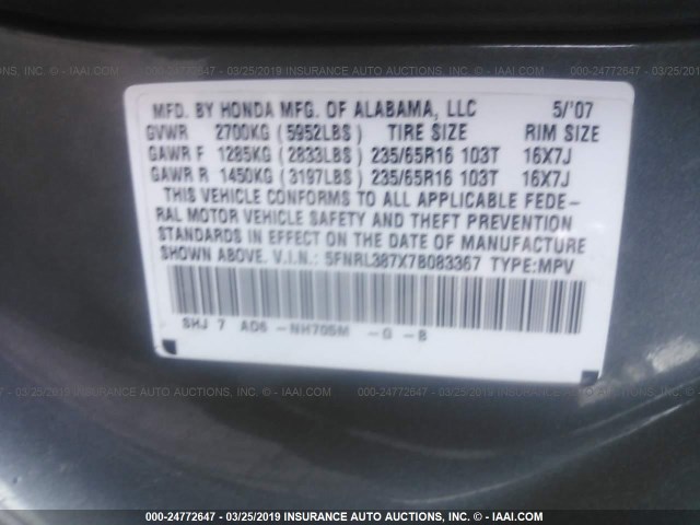 5FNRL387X7B083367 - 2007 HONDA ODYSSEY EXL GRAY photo 9