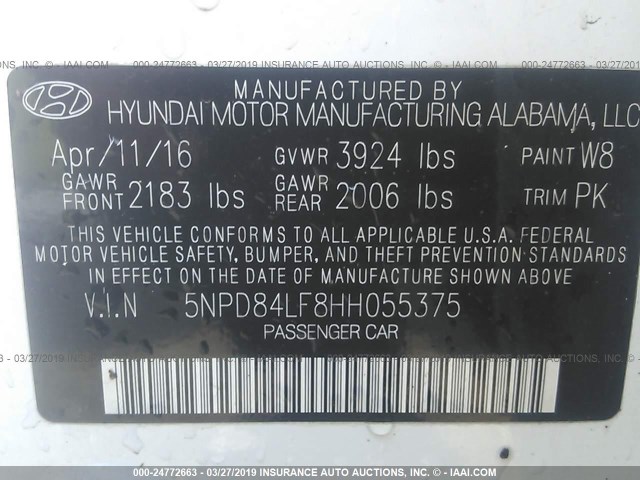 5NPD84LF8HH055375 - 2017 HYUNDAI ELANTRA SE/VALUE/LIMITED WHITE photo 9