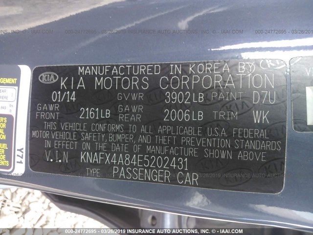 KNAFX4A84E5202431 - 2014 KIA FORTE EX GRAY photo 9