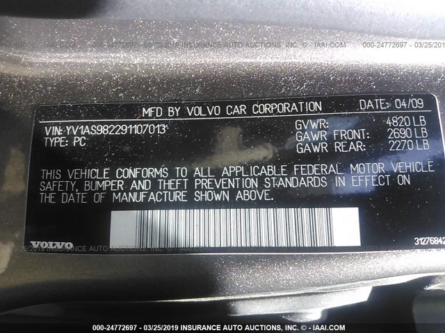 YV1AS982291107013 - 2009 VOLVO S80 3.2 GRAY photo 9