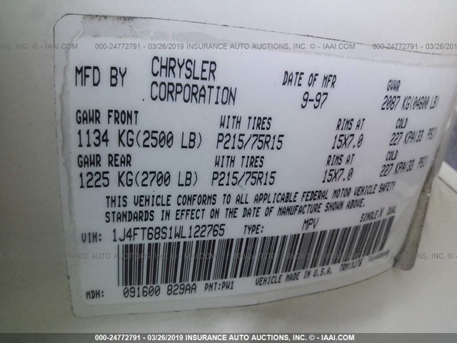 1J4FT68S1WL122765 - 1998 JEEP CHEROKEE SPORT/CLASSIC თეთრი ფოტო 9