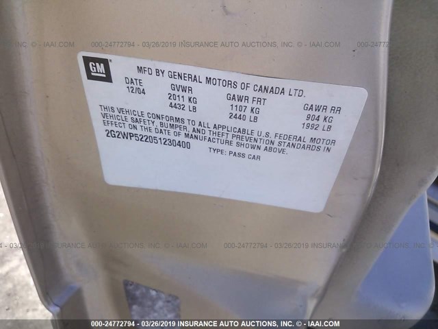 2G2WP522051230400 - 2005 PONTIAC GRAND PRIX GOLD photo 9