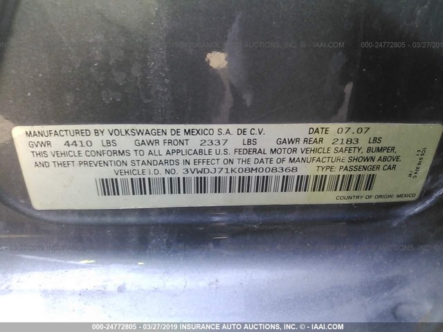 3VWDJ71K08M008368 - 2008 VOLKSWAGEN GLI ნაცრისფერი ფოტო 9