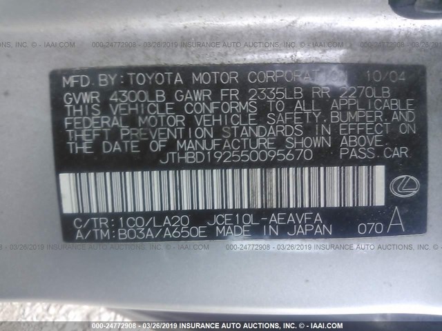 JTHBD192550095670 - 2005 LEXUS IS 300 SILVER photo 9