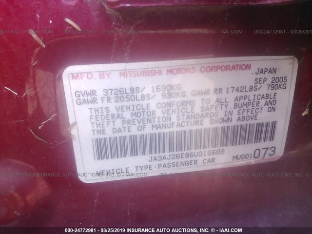 JA3AJ26E86U016608 - 2006 MITSUBISHI LANCER ES RED photo 9