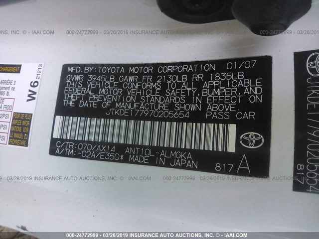 JTKDE177970205654 - 2007 TOYOTA SCION TC WHITE photo 9