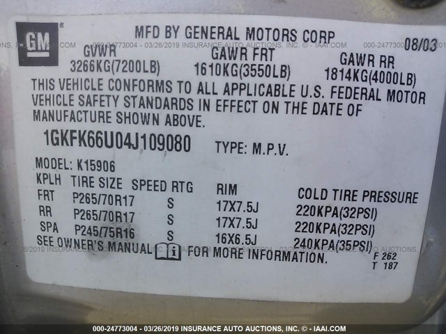 1GKFK66U04J109080 - 2004 GMC YUKON XL DENALI SILVER photo 9