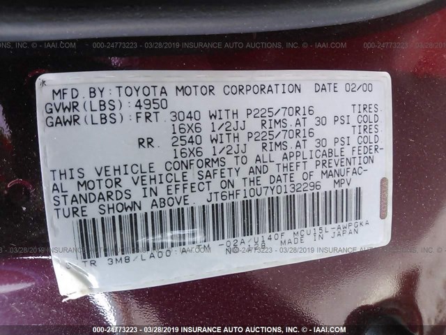 JT6HF10U7Y0132296 - 2000 LEXUS RX 300 RED photo 9