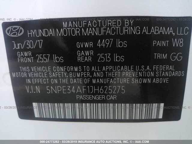 5NPE34AF1JH625275 - 2018 HYUNDAI SONATA SPORT/LIMITED WHITE photo 9