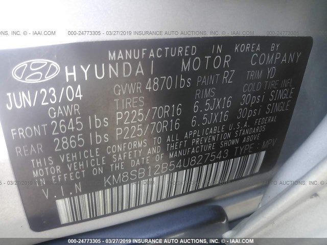 KM8SB12B54U827543 - 2004 HYUNDAI SANTA FE GL SILVER photo 9