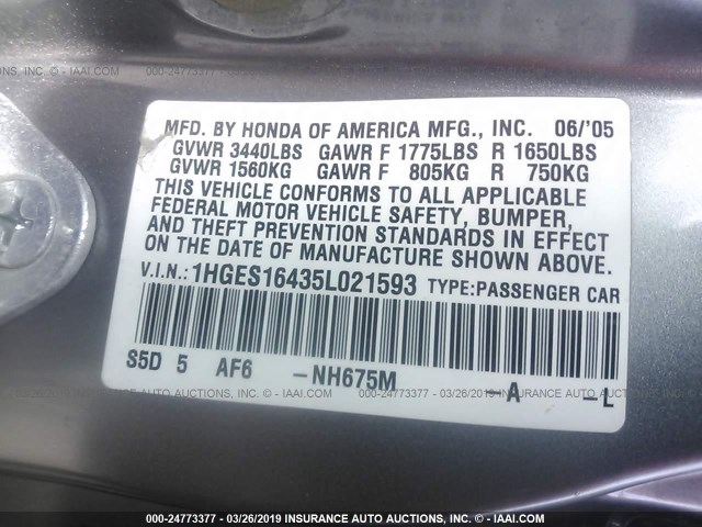 1HGES16435L021593 - 2005 HONDA CIVIC DX GRAY photo 8