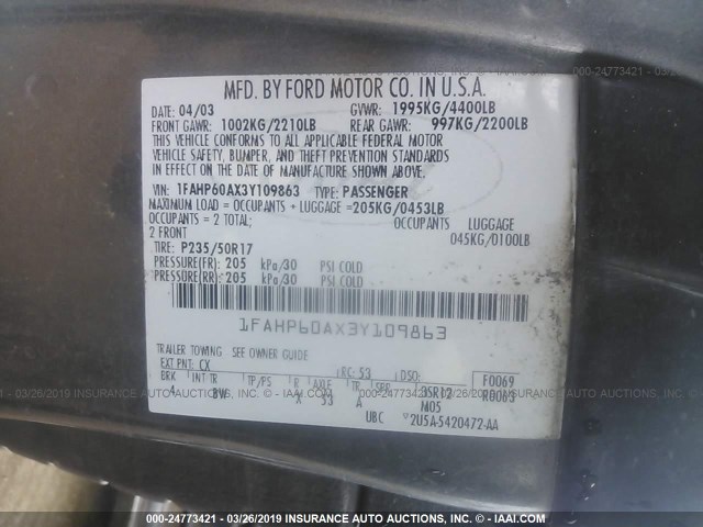 1FAHP60AX3Y109863 - 2003 FORD THUNDERBIRD  GRAY photo 9