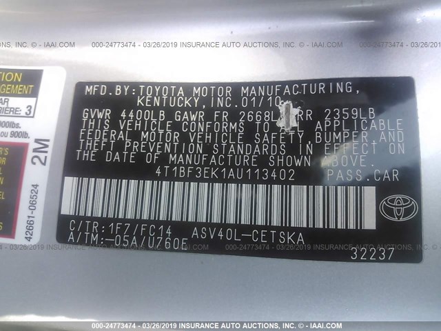 4T1BF3EK1AU113402 - 2010 TOYOTA CAMRY SE/LE/XLE SILVER photo 9