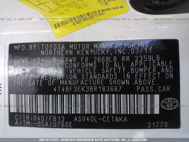 4T4BF3EK3BR183667 - 2011 TOYOTA CAMRY SE/LE/XLE Weiß Foto 9