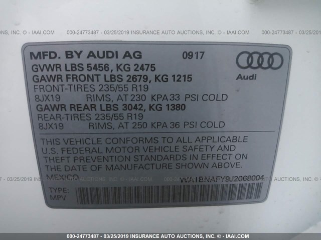 WA1BNAFY9J2068004 - 2018 AUDI Q5 PREMIUM PLUS WHITE photo 9