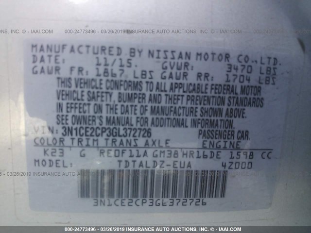 3N1CE2CP3GL372726 - 2016 NISSAN VERSA NOTE S/S PLUS/SV/SL/SR SILVER photo 9