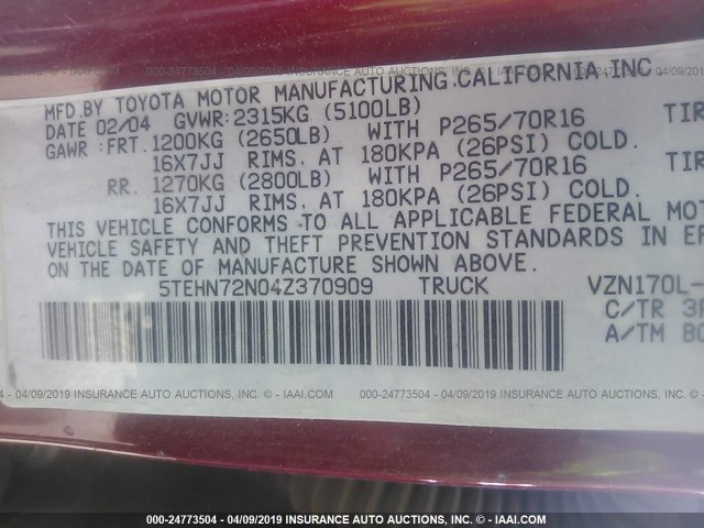 5TEHN72N04Z370909 - 2004 TOYOTA TACOMA DOUBLE CAB 栗色 照片 9