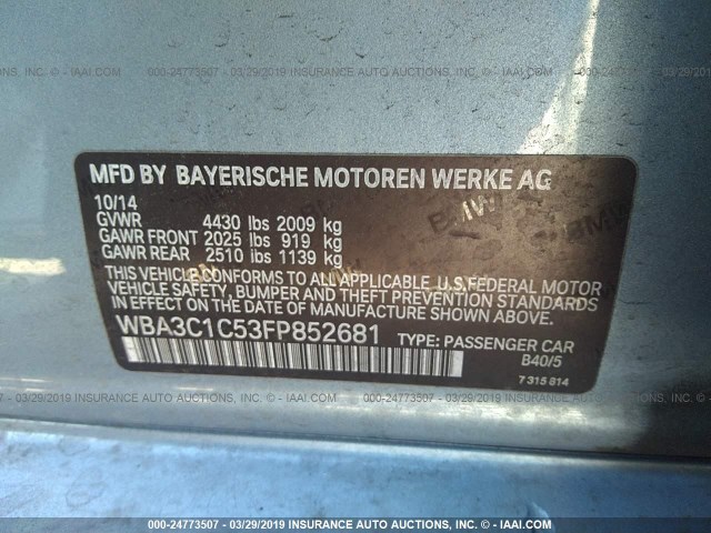 WBA3C1C53FP852681 - 2015 BMW 328 I SULEV Light Blue photo 9