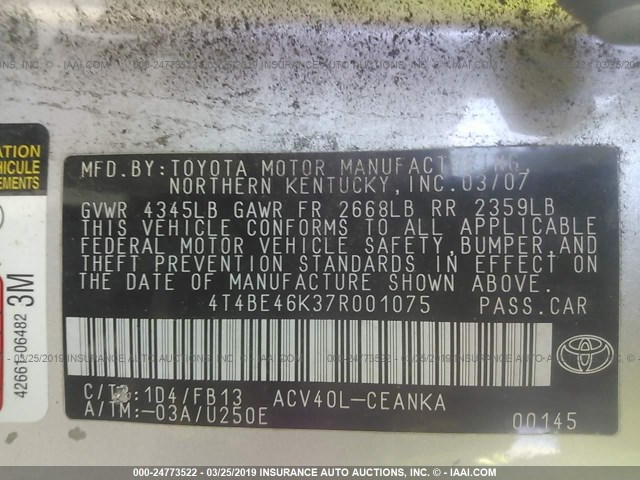 4T4BE46K37R001075 - 2007 TOYOTA CAMRY NEW GENERAT CE/LE/XLE/SE SILVER photo 9