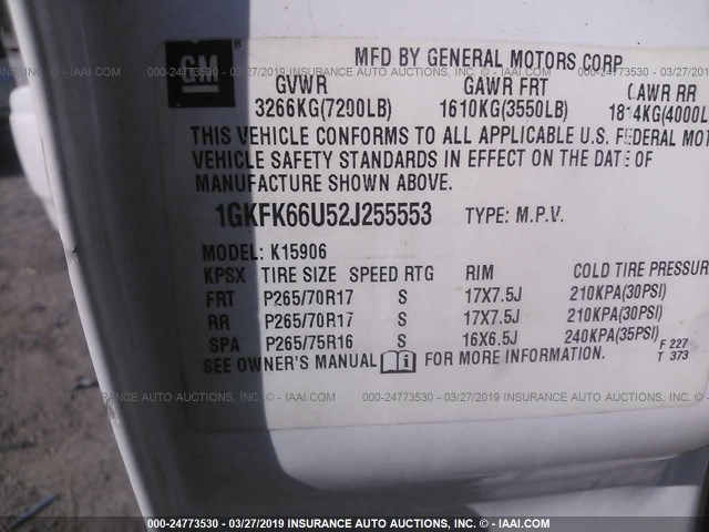 1GKFK66U52J255553 - 2002 GMC DENALI XL K1500 WHITE photo 9