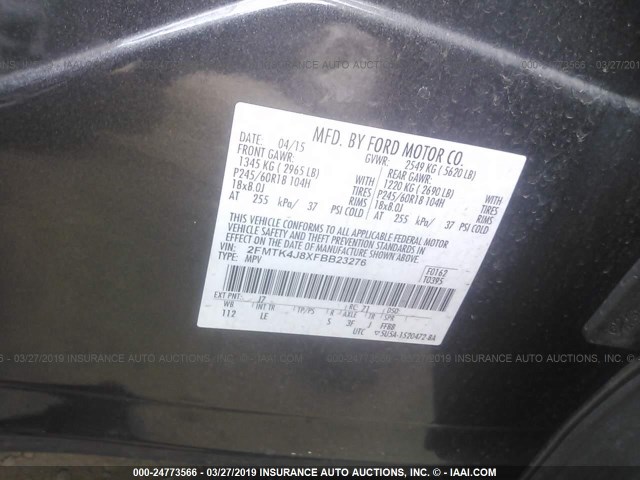 2FMTK4J8XFBB23276 - 2015 FORD EDGE SEL GRAY photo 9