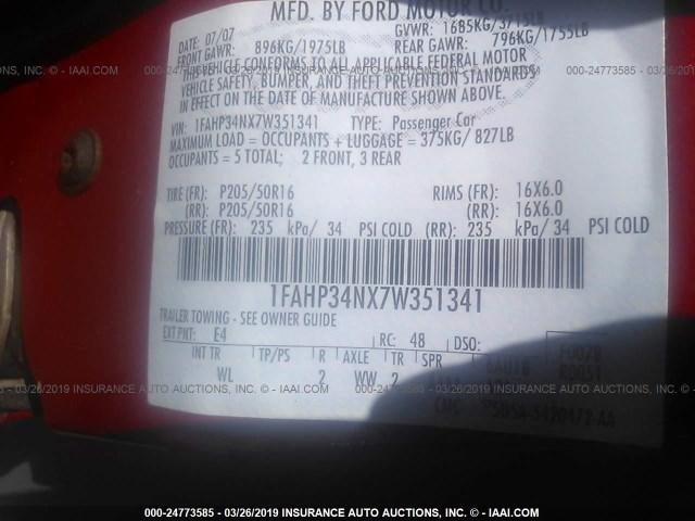 1FAHP34NX7W351341 - 2007 FORD FOCUS ZX4/S/SE/SES 红色 照片 9