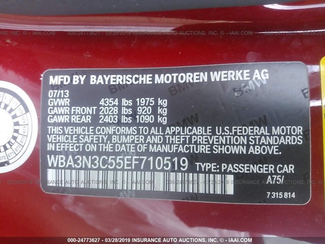 WBA3N3C55EF710519 - 2014 BMW 428 I RED photo 9