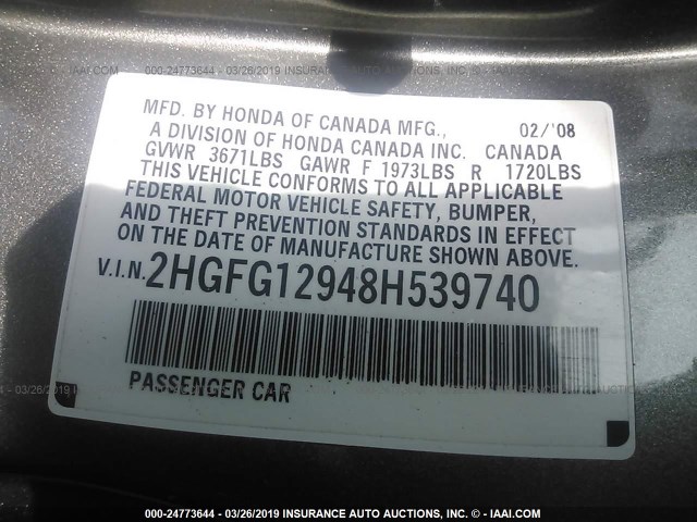 2HGFG12948H539740 - 2008 HONDA CIVIC EXL GRAY photo 9