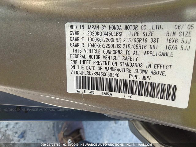 JHLRD78945C058340 - 2005 HONDA CR-V SE/EX GOLD photo 9