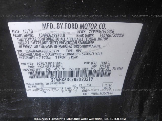 2FMHK6DC7BBD23219 - 2011 FORD FLEX LIMITED BLACK photo 9