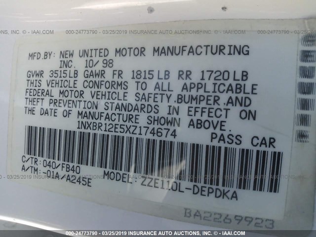 1NXBR12E5XZ174674 - 1999 TOYOTA COROLLA VE/CE/LE 白色 照片 9