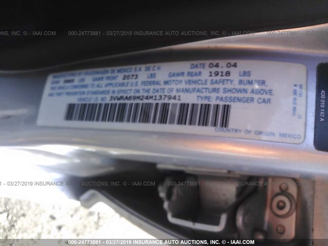 3VWRA69M24M137941 - 2004 VOLKSWAGEN JETTA GL SILVER photo 9