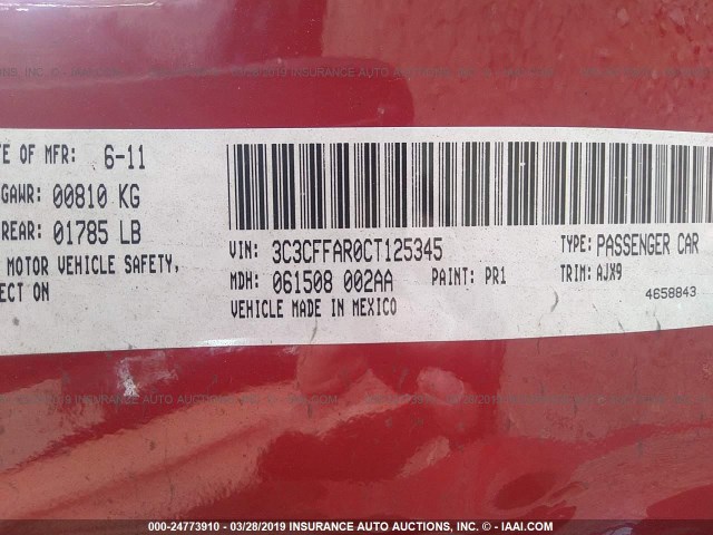3C3CFFAR0CT125345 - 2012 FIAT 500 POP RED photo 9