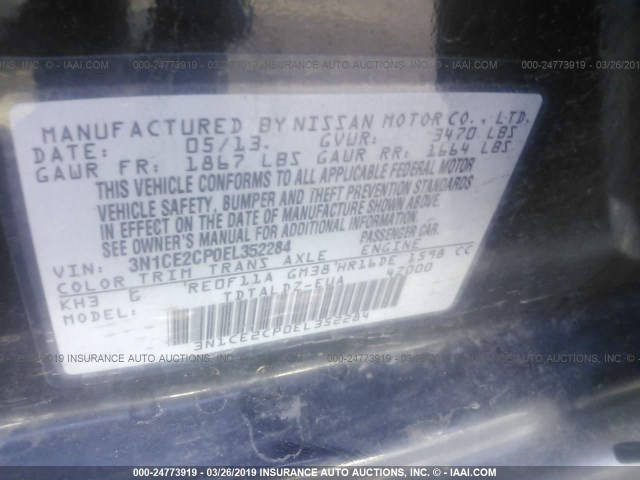 3N1CE2CP0EL352284 - 2014 NISSAN VERSA NOTE S/S PLUS/SV/SL BLACK photo 9