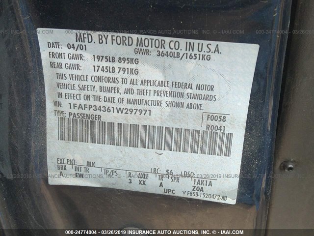 1FAFP34361W297971 - 2001 FORD FOCUS SE/SE SPORT BLUE photo 9