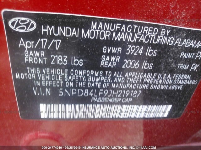 5NPD84LF9JH219187 - 2018 HYUNDAI ELANTRA SEL/VALUE/LIMITED RED photo 9