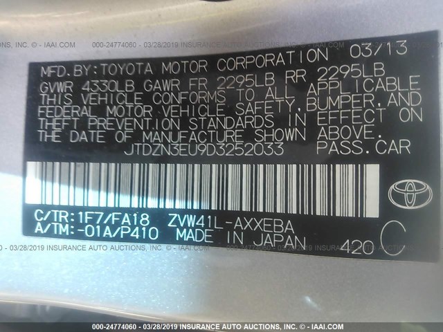 JTDZN3EU9D3252033 - 2013 TOYOTA PRIUS V SILVER photo 9