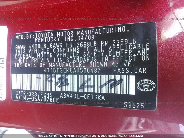 4T1BF3EK6AU506487 - 2010 TOYOTA CAMRY SE/LE/XLE RED photo 9