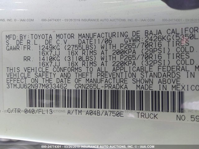 3TMJU62N97M033462 - 2007 TOYOTA TACOMA DOUBLE CAB PRERUNNER WHITE photo 9