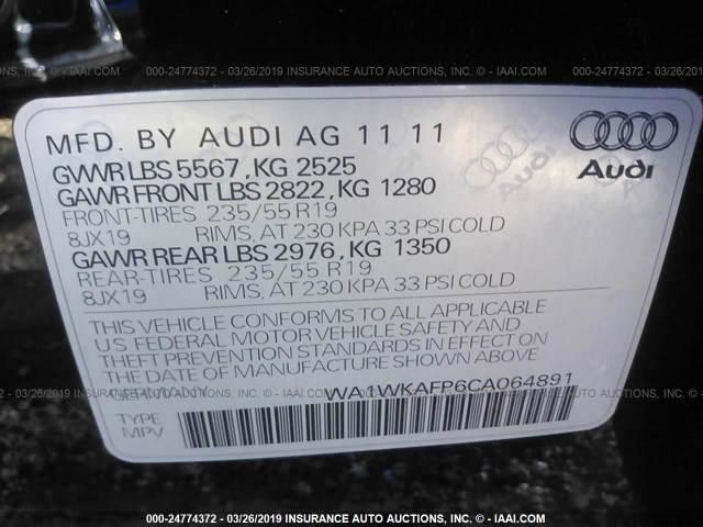 WA1WKAFP6CA064891 - 2012 AUDI Q5 PRESTIGE BLACK photo 9