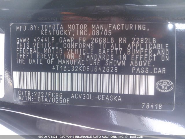 4T1BE32K06U642628 - 2006 TOYOTA CAMRY LE/XLE/SE BLACK photo 9