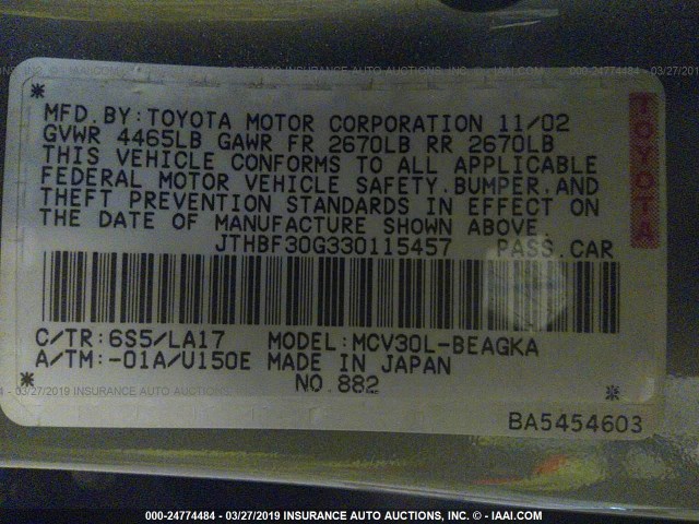 JTHBF30G330115457 - 2003 LEXUS ES 300 SILVER photo 9