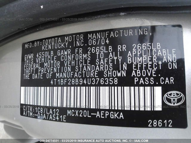 4T1BF28B94U376358 - 2004 TOYOTA AVALON XL/XLS SILVER photo 9