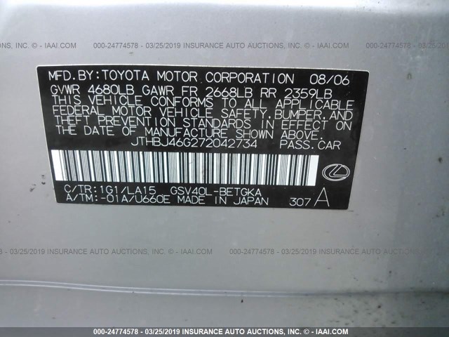 JTHBJ46G272042734 - 2007 LEXUS ES 350 SILVER photo 9