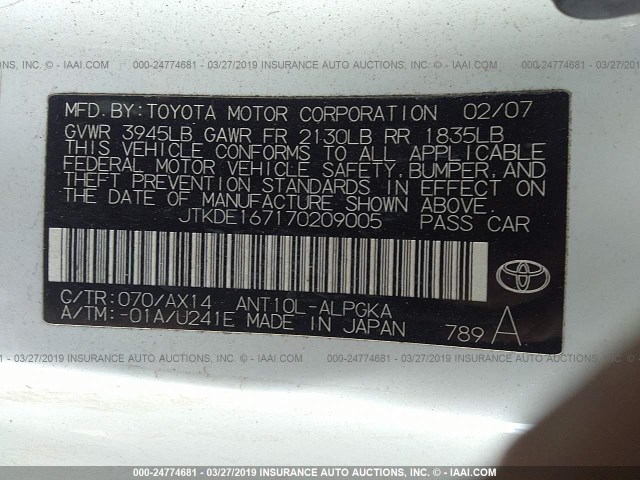 JTKDE167170209005 - 2007 TOYOTA SCION TC თეთრი ფოტო 9