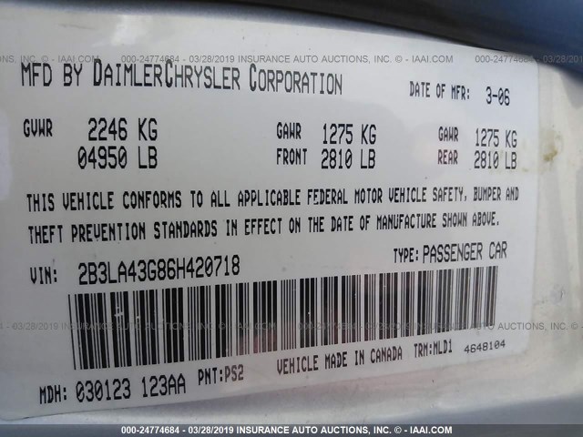 2B3LA43G86H420718 - 2006 DODGE CHARGER SE/SXT SILVER photo 9