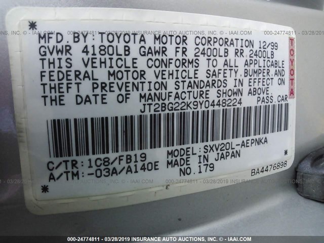 JT2BG22K9Y0448224 - 2000 TOYOTA CAMRY CE/LE/XLE SILVER photo 9