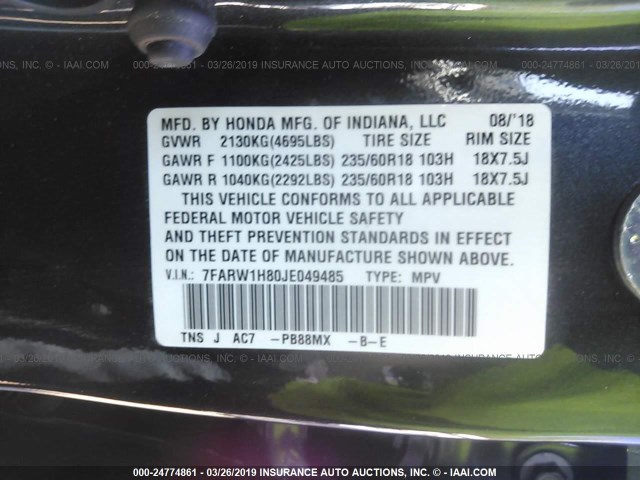 7FARW1H80JE049485 - 2018 HONDA CR-V EXL BLACK photo 9