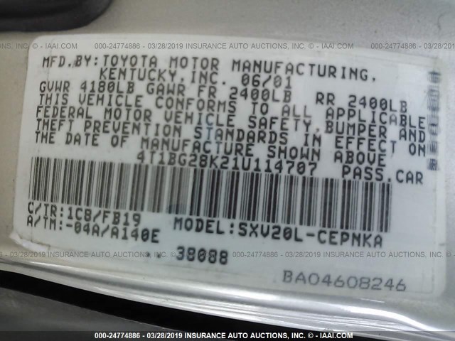 4T1BG28K21U114707 - 2001 TOYOTA CAMRY CE/LE/XLE 银色 照片 9