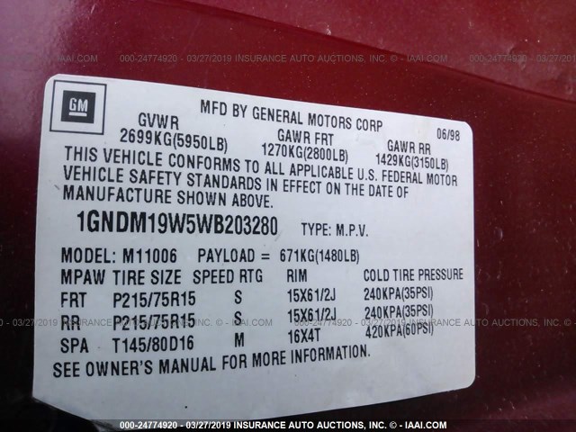 1GNDM19W5WB203280 - 1998 CHEVROLET ASTRO RED photo 9